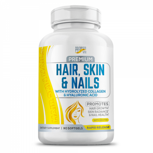 Hair Skin and Nails with Hydrolyzed Collagen and Hyaluronic Acid (90 softgels) Proper Vit